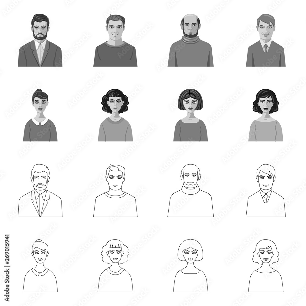 Vector illustration of hairstyle and profession icon. Set of hairstyle and character vector icon for stock. Vector illustration of hairstyle and profession icon. Set of hairstyle and character vector icon for stock.