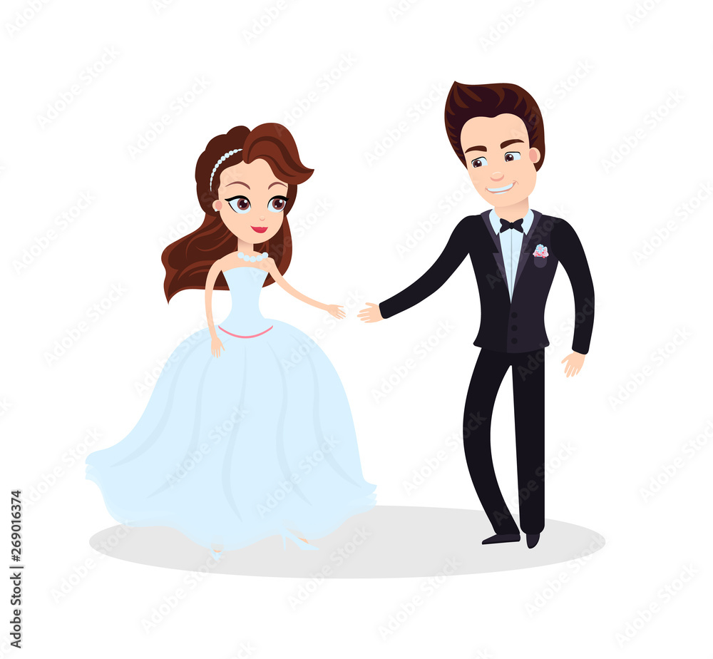 Couple in love dancing on ceremony, partying and celebration of engagement.  Wedding planning vector, bride in dress and groom in tuxedo isolated cartoon  characters Stock Vector | Adobe Stock