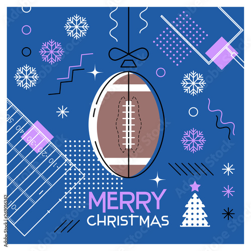 Merry Christmas. Greeting card with Christmas ball as a football ball. Abstract flat design. Vector illustration.