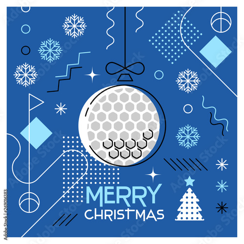 Merry Christmas. Greeting card with Christmas ball as a golf ball. Abstract flat design. Vector illustration.