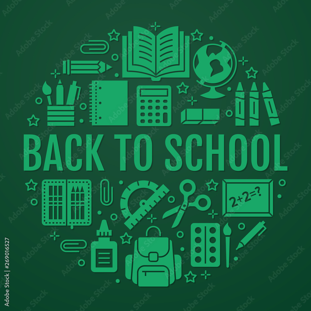 School supplies circle template with glyph icons set. Study tools green poster - globe, calculator, book, pencil, scissors, ruler, notebook vector illustration. Signs for stationery sale brochure School supplies circle template with glyph icons set. Study tools green poster - globe, calculator, book, pencil, scissors, ruler, notebook vector illustration. Signs for stationery sale brochure