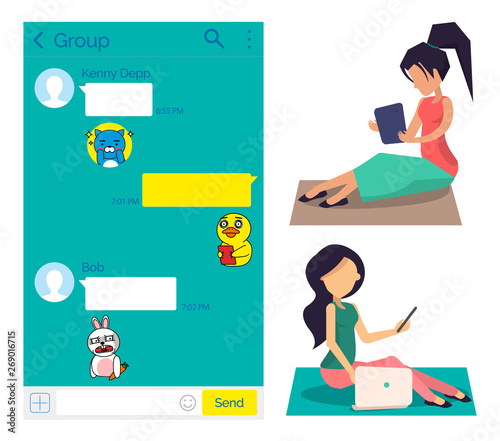 People sitting with laptops and tables vector, woman chatting in kakao talk. Users chatting and communicating online, social media, stickers and emojis