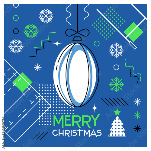 Merry Christmas. Greeting card with Christmas ball as a rugby ball. Abstract flat design. Vector illustration.