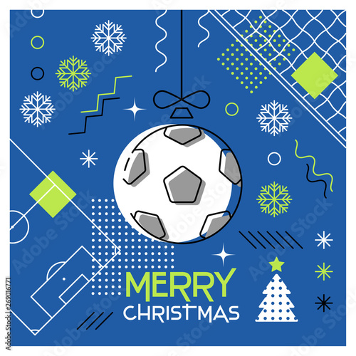 Merry Christmas. Greeting card with Christmas ball as a soccer ball. Abstract flat design. Vector illustration.