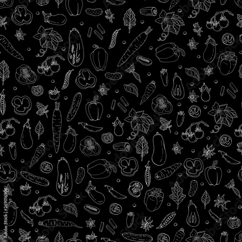 Seamless pattern with white contour doodles of different vegetables on black background. Black and white endless texture with healthy food for your design