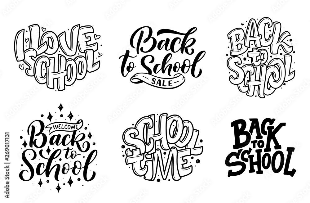 Set of Welcome back to school lettering quotes. Back to school sale tag. Hand drawn lettering badges. Typography emblem set