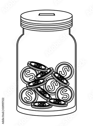 glass jar with coins black and white
