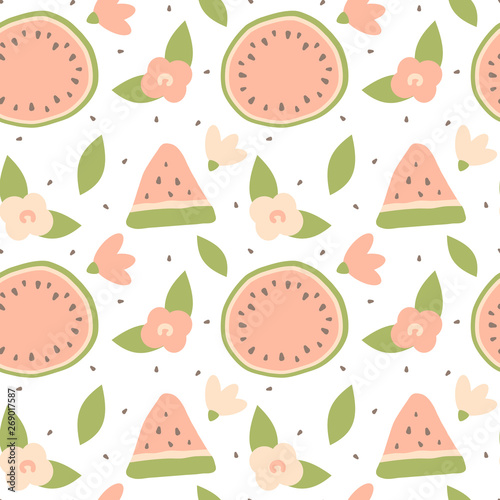 cute cartoon lovely summer seamless vector pattern background illustration with hand drawn watermelon and flowers