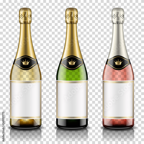 Champagne bottles set with blank label, isolated on transparent background.