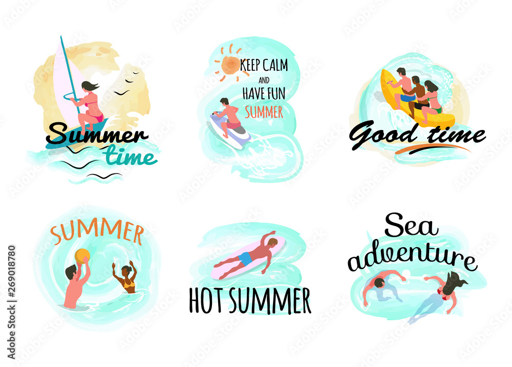 Summer time vector, windsurfing woman and people riding banana boat set, man on surfing board, surfer and swimming couple. Waterpolo game with ball