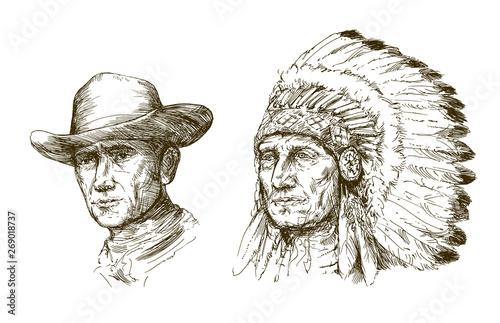 Portrait of american indian chief and cowboy.