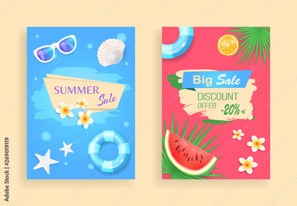 Summer sale discount set of banners with summer time items. Leaves of tropical plant, flowers and sunglasses. Seashells and stars, watermelon vector