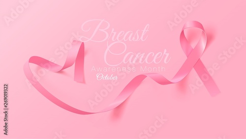 Breast Cancer Awareness Calligraphy Poster Design. Realistic Pink Ribbon. October is Cancer Awareness Month. Vector Illustration