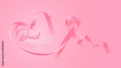 Breast Cancer Awareness Calligraphy Poster Design. Realistic Pink Ribbon. October is Cancer Awareness Month. Vector Illustration