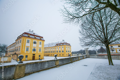 Schloss Hof, Austria - February 20, 2017:Schloss Hof is a baroque palace in Lower Austria, which privious owners include Prince Eugene of Savoy and Maria Theresia,with falling snow.