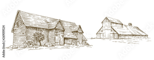 Vintage barn, hand drawn set.