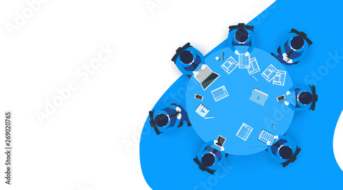 Office workers at work place concept. Coworking or brainstorm concept. Flat isometric vector illustration. Web Page template.