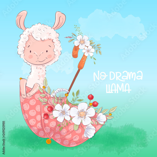 Illustration of a cute llama in an umbrella with flowers. Hand draw