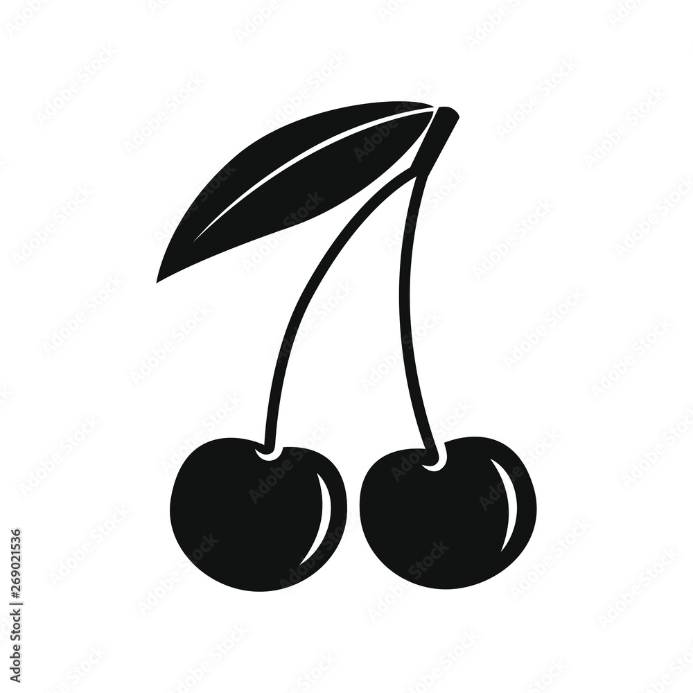 illustration | with Cherry Adobe Cherry white sign on Stock-Vektorgrafik Vector black Stock Symbol icon. cherry isolated background. leaf.