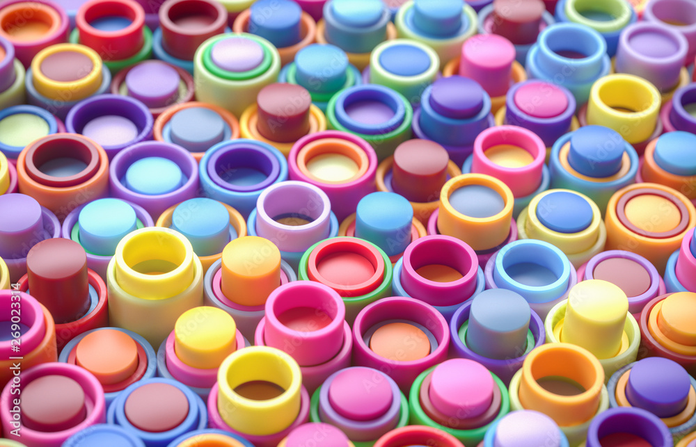 Rainbow of colorful tubes and cylinder. 3D background Rainbow of colorful tubes and cylinder. 3D background