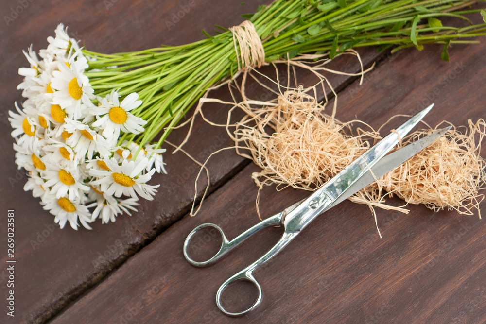 Φωτογραφία A white and yellow bouquet of freshly picked wild daisy flowers from a natural meadow and garden tied with a natural decorative raffia string