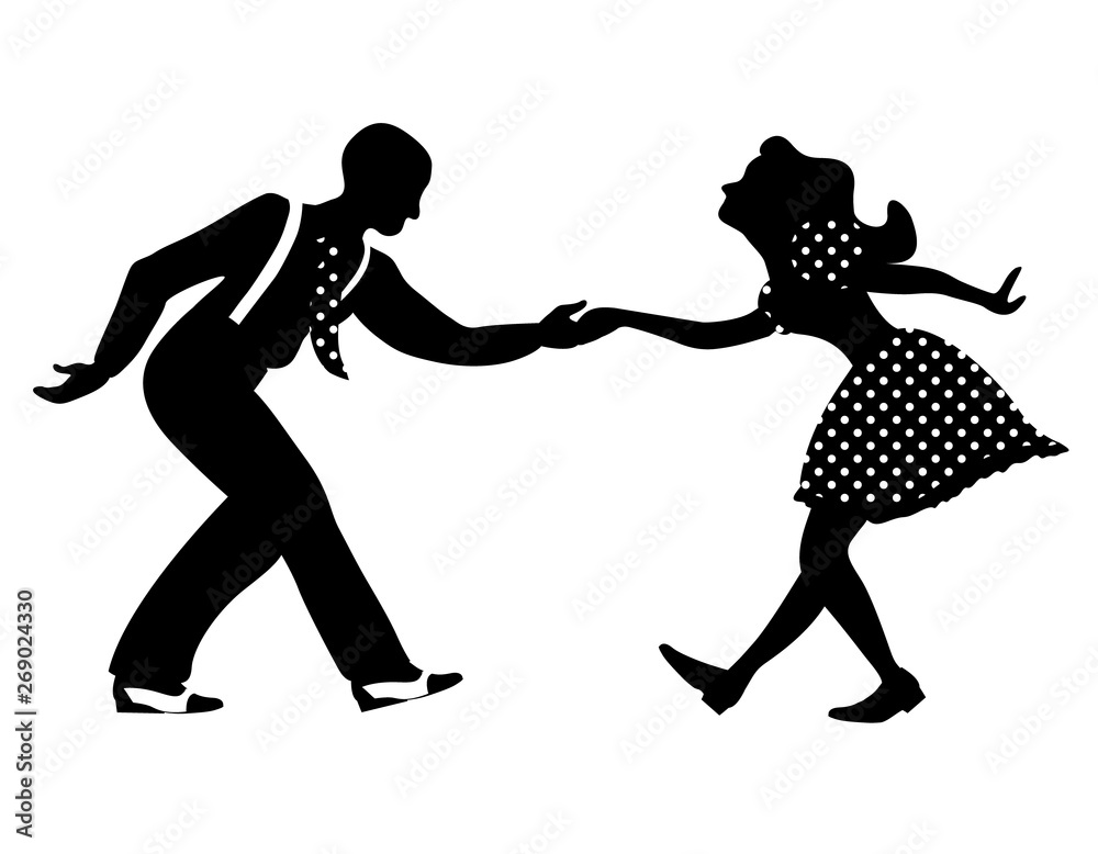 Swing dance negative couple silhouette. Black and white colors