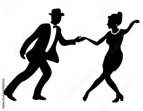 Swing dance negative couple silhouette. Black and white colors. 1940s and 1930s style. Woman with beads and man with bow tie and hat. Flat vector illustration.