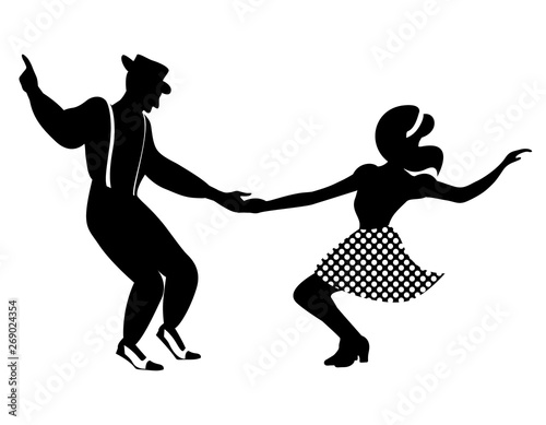 Swing dance negative couple silhouette. Black and white colors. 1940s and 1930s style. Woman in skirt with dots and man with suspenders and hat. Flat vector illustration.
