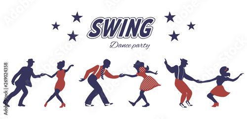 Three swing dance couples silhouettes in red and blue colors with inscription and stars on white background. 1940s style. Flat vector illustration.