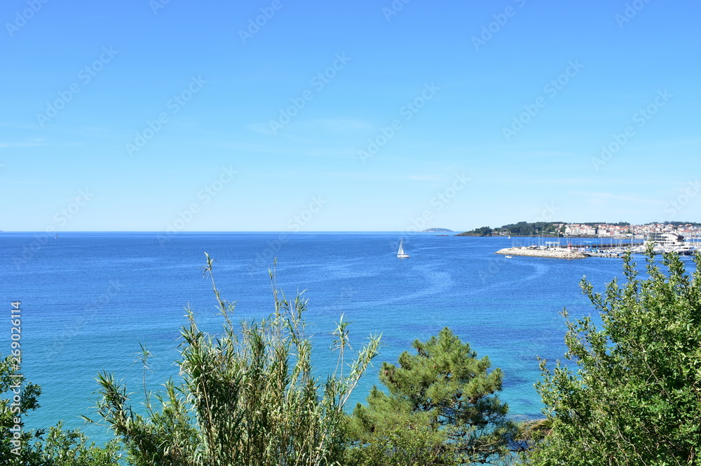 Bay with sailing boat, trees and harbour. Rias Baixas, Spain.