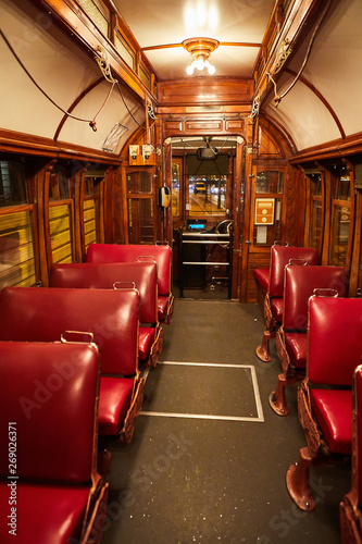 Porto, Portugal - Closeup view of a traditional yellow portuguese tram. Interior of a old famous elevator # 28