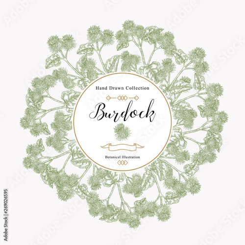 Carta da parati Round frame with burdock flowers and leaves hand drawn