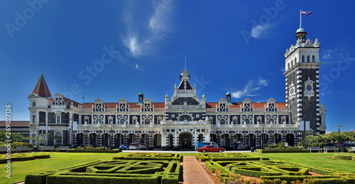 Frontal view of the Historical Railway Station of Dunedin, New Zealand photo