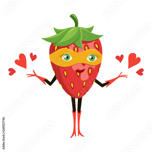 Cartoon superhero strawberry in orange mask. Funny fruit super hero. Vector illustration on white background.