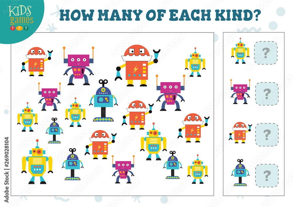 How many of each kind cartoon robot kids counting game vector illustration How many of each kind cartoon robot kids counting game vector illustration