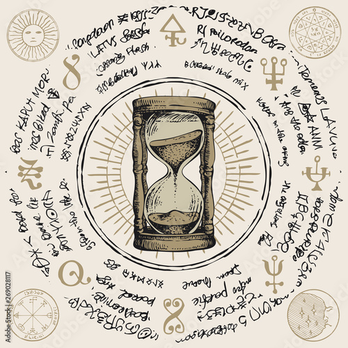 Vector illustration with hourglass with running sand inside in retro style. Hand drawn sand clock with ancient hieroglyphs, runes, spiritual symbols. Glass timer. Time and caducity of life concept