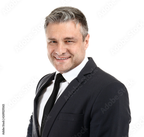 Portrait of handsome mature businessman on white background