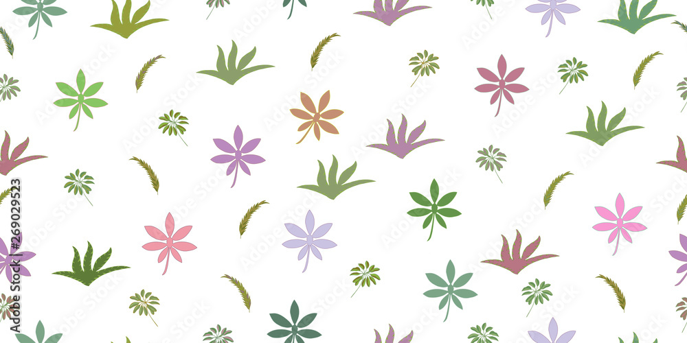 Seamless pattern with tropical leaves and herbs. Isolated elements on a white background.