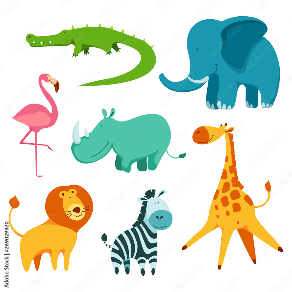 Cartoon ñute and funny african animals set. Crocodile, elephant, rhinoceros, lion, zebra, flamingo and giraffe. Flat vector illustration.