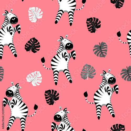 Seamless pattern with funny zebras standing on their hind legs.