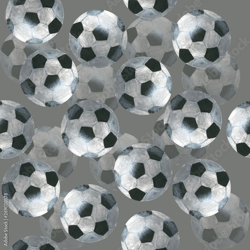 Clear and transparent football balls on gray background  seamless pattern  acrylic drawn
