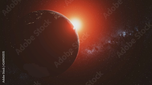 Planet Earth Motion Sunlight Illuminate Open Space. Red Sunlight Radiance Cosmic Nebula Satellite View. Solar System Milky Way Outer Galaxy 3D Animation