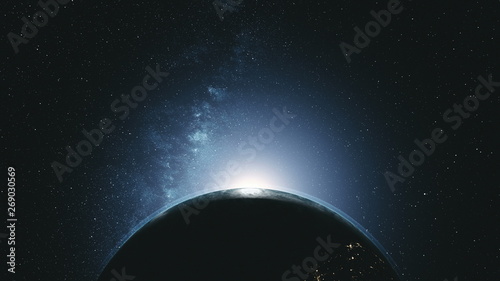 Majestic Rotate Earth Orbit Sunlight Glow Galaxy. Cosmos Interstellar Nebula Star Radiance Spin Planet Close up Satellite View Outer Space 3D Animation