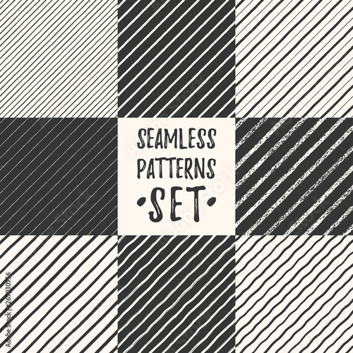 Set, collection of various hand drawn striped diagonal seamless patterns. Black chalk, brush, marker, crayon endless textured uneven stripes, sloping streaks, pinstripes, doodle oblique lines, bars