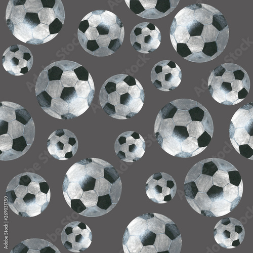 Football balls on gray background  seamless pattern  acrylic drawn