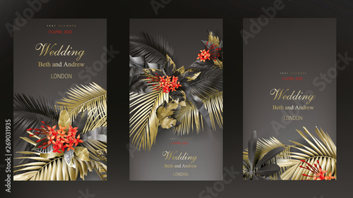 Tropical black and gold leaves on dark background vector poster set Beautiful botanical design with golden tropic jungle palm leaves, exotic red flower Wedding ceremony invitation card, holiday sale