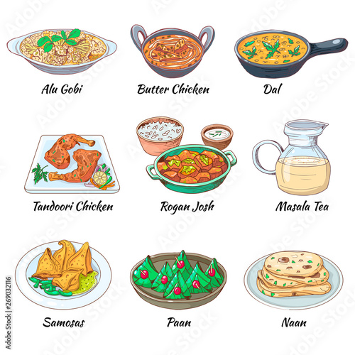 Indian food set. Asian traditional cuisine collection with different dishes and drink. Masala tea and Dal, Butter chicken and alu gobi, samosas and paan  naan. Vector hand drawn illustration.