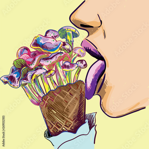 Stylish print girl licks mushroom. Ice cream mushrooms. Hallucinogenic mushrooms. Pop art, cheeky, youth poster.