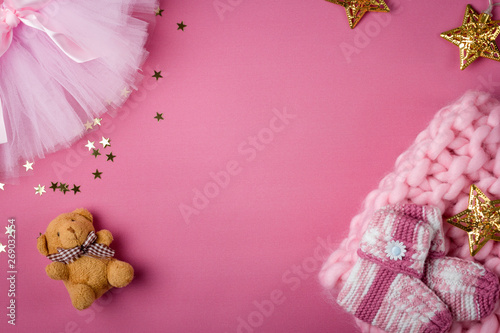 Wallpaper Mural Flat lay baby decor and  baby  supplies on pink background. Top view decoration baby toys for develop background concept. Copy space for add text. Torontodigital.ca