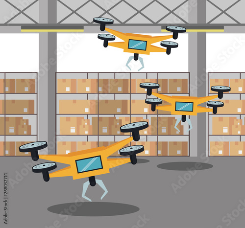 Drones in warehouse cartoon
